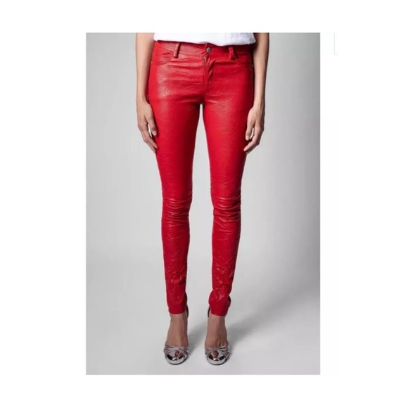 New! ZADIG & VOLTAIRE Phlame Crinkled Lambskin Leather Skinny Pants - Picture 3 of 11